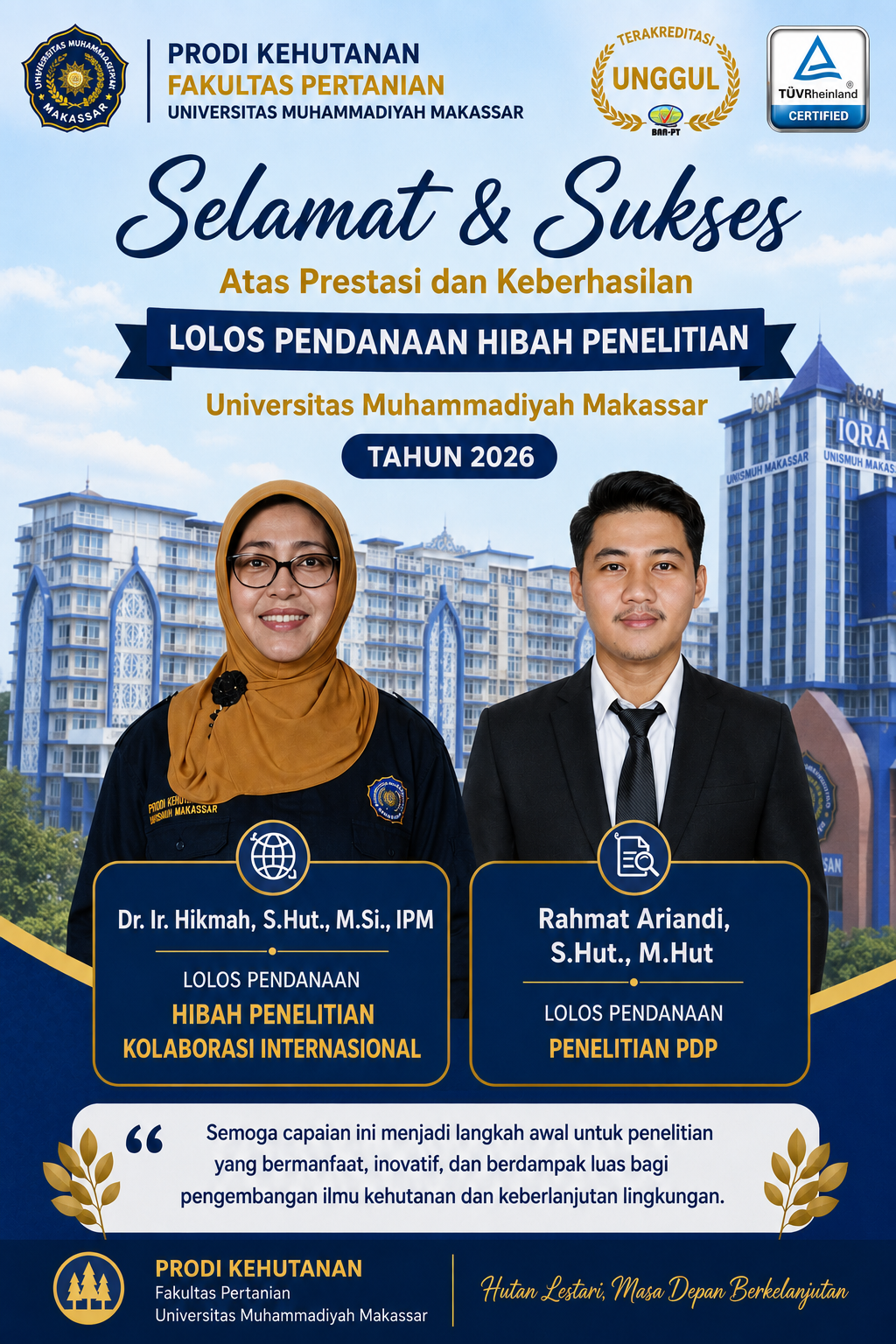 Dua Dosen Kehutanan Unismuh Raih Hibah Penelitian, Perkuat Kolaborasi Internasional dan Inovasi Riset